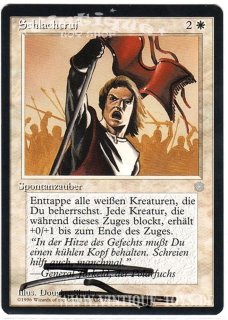 MAGIC THE GATHERING vom Illustrator Douglas Shuler signierte Einzelkarte SCHLACHTRUF aus EISZEIT Edition Deutsch, Wizard of the Coast, 1996
