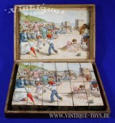 Historismus Holzwürfel Kubusspiel BILDERWÜRFEL in Holzschachtel, ohne Herstellerangabe, ca.1890