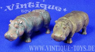 Konvolut mit 2 alten Massefiguren Zootiere NILPFERD, Hausser OMHL (Otto und Max Hausser Ludwigsburg), ca.1936