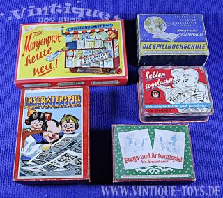 Konvolut mit fünf Kartenspielen FRAGE UND ANTWORT- und INSERATEN-SPIELE, verschiedene Hersteller, 30er-50er Jahre