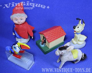 Interessantes Bastlerkonvolut mit 5 mechanischen Spielzeugen SANDMANN MIT SPIELUHR, IDEFIX, TUKAN, MAX CARL ESEL, SPARDOSE, verschiedene Hersteller, ca.1960-1990