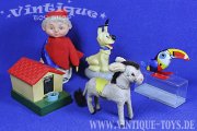 Interessantes Bastlerkonvolut mit 5 mechanischen Spielzeugen SANDMANN MIT SPIELUHR, IDEFIX, TUKAN, MAX CARL ESEL, SPARDOSE, verschiedene Hersteller, ca.1960-1990